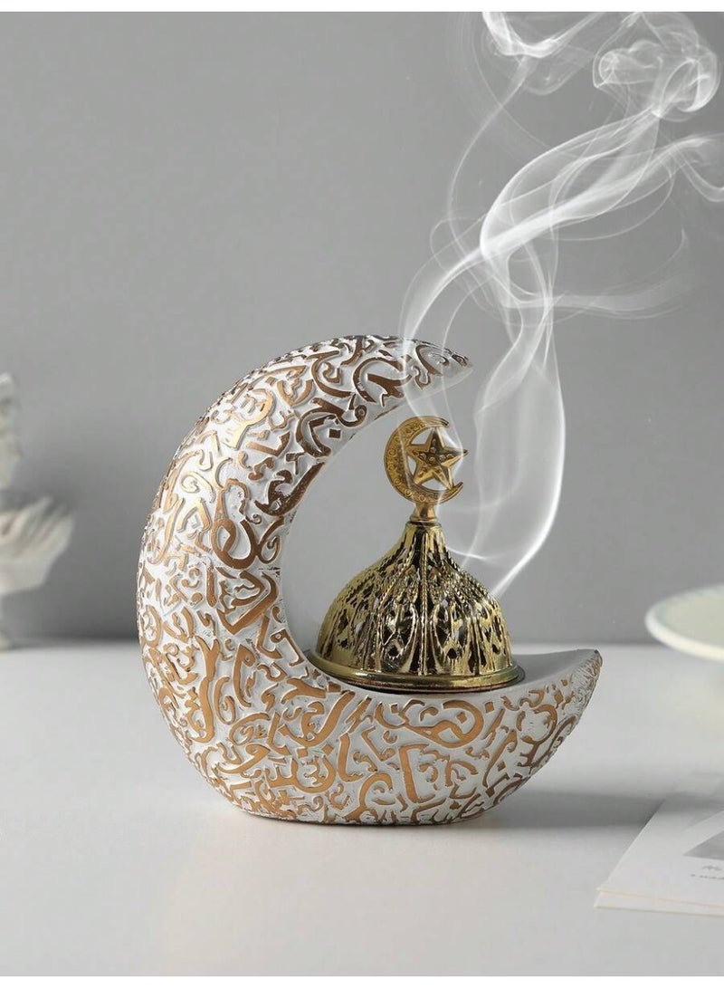 Ramadan Decorations Crescent Moon Incense Burner White with Gold Inner Burner Elegant Islamic Home Decor - Image 1